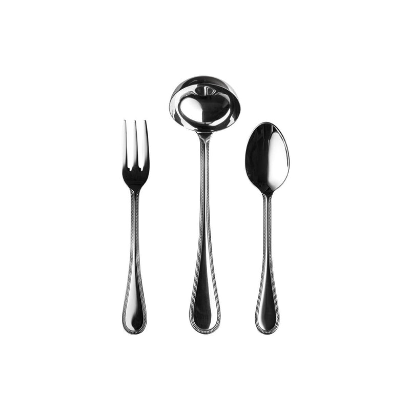 Set of silver cutlery including a fork, ladle, and spoon on a white background