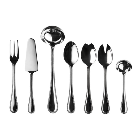 Set of silver cutlery including forks, knives, and spoons on a white background
