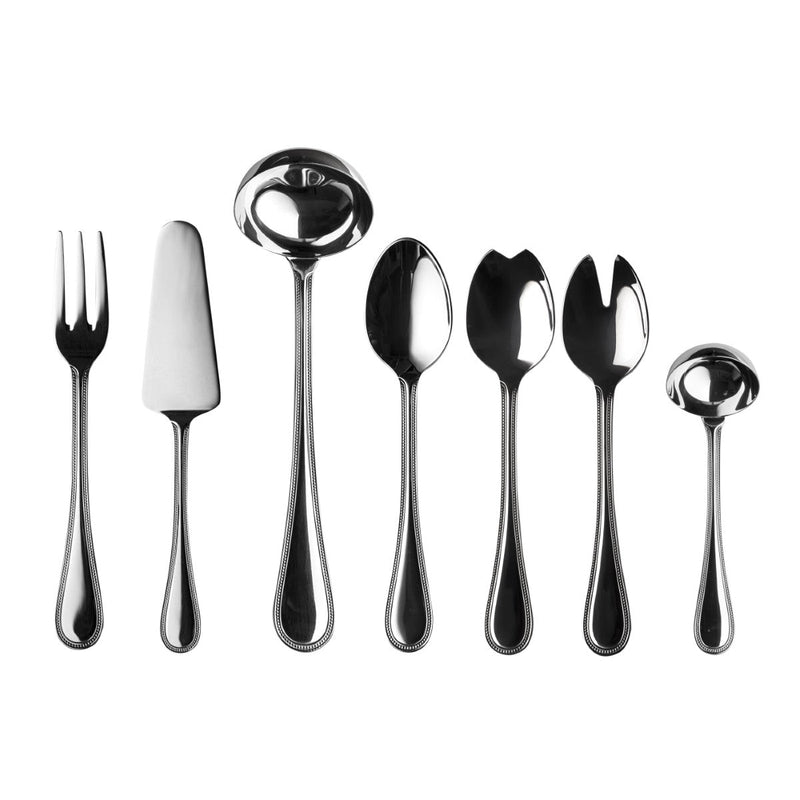 Set of silver cutlery including forks, knives, and spoons on a white background