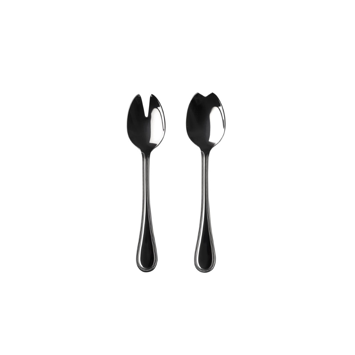 Two silver salad servers on a white background