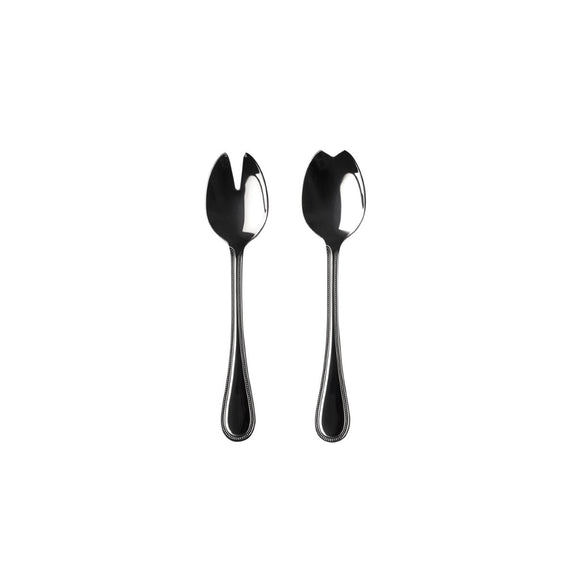 Two silver salad servers on a white background