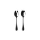 Two silver salad servers on a white background