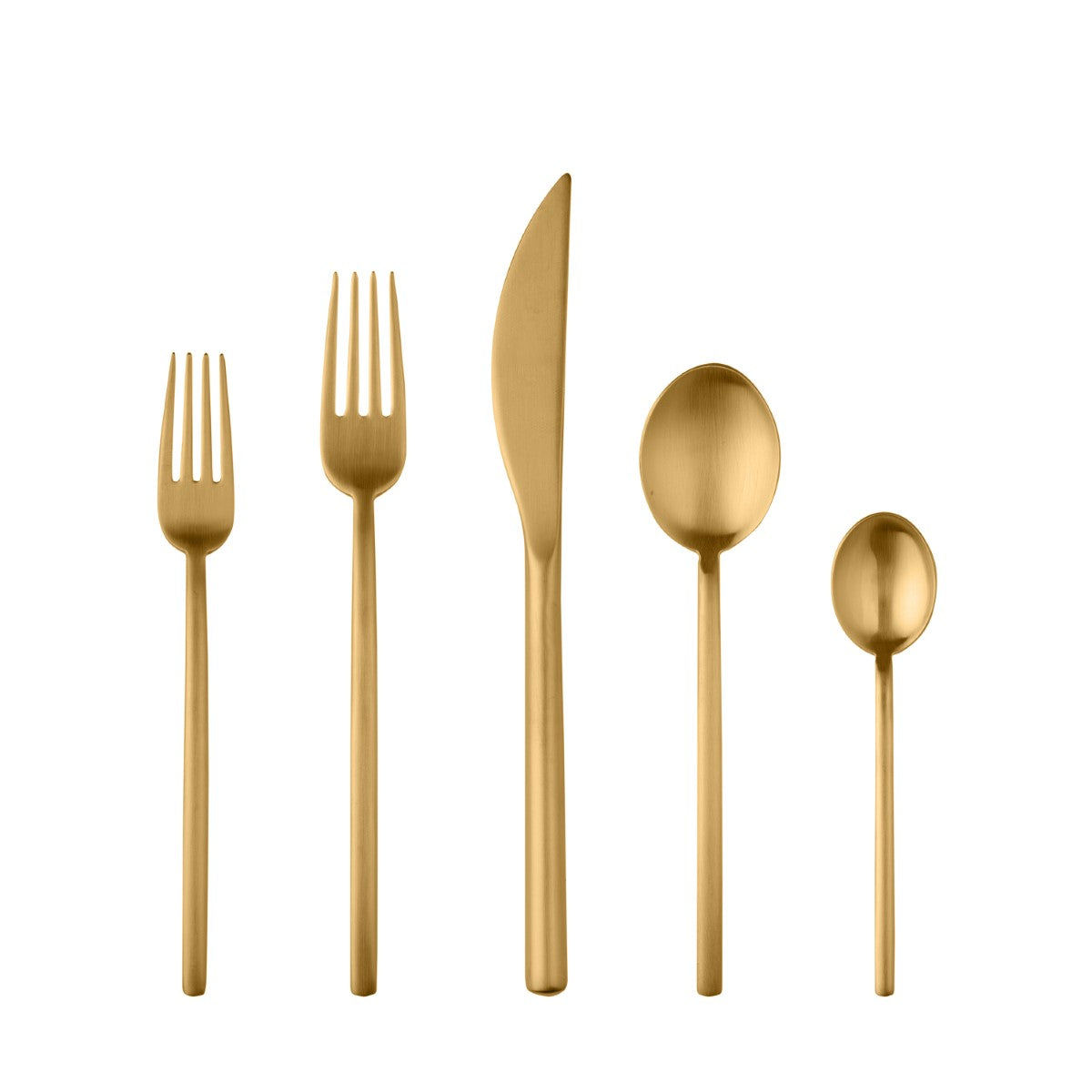 Set of gold cutlery including two forks, two spoons, and a knife on a white background