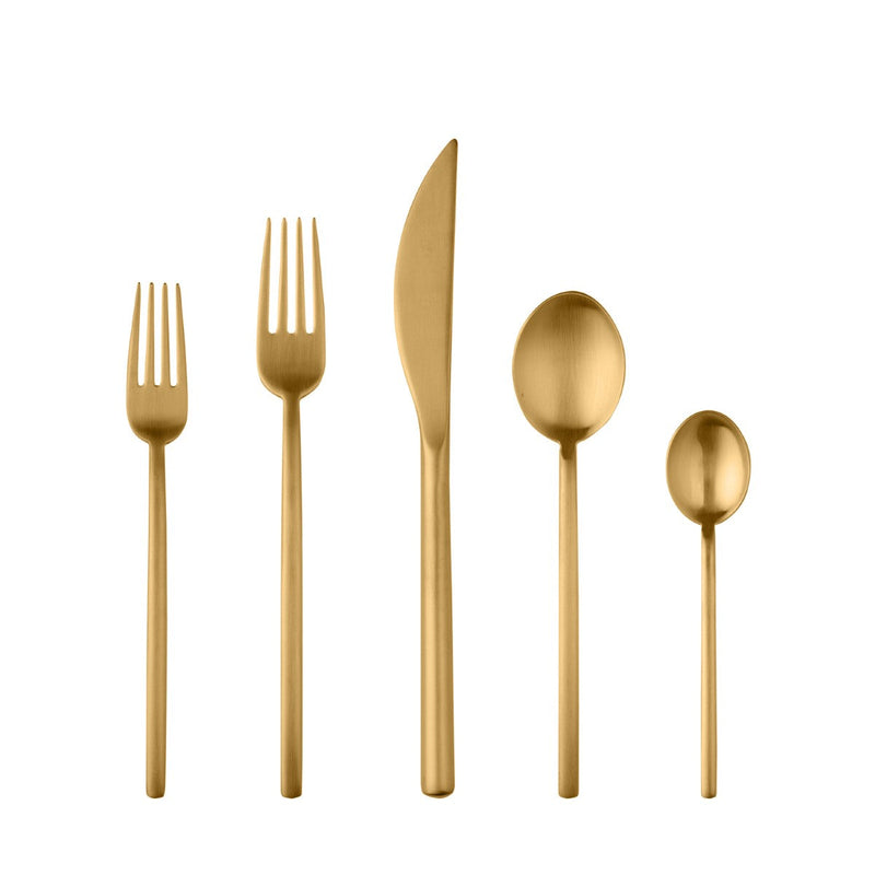Set of gold cutlery including two forks, two spoons, and a knife on a white background