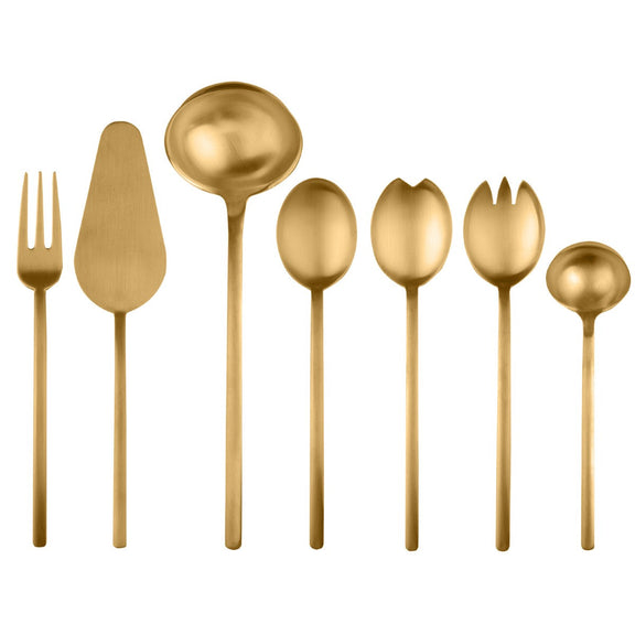 Set of gold flatware including a fork, knife, and various spoons on a white background