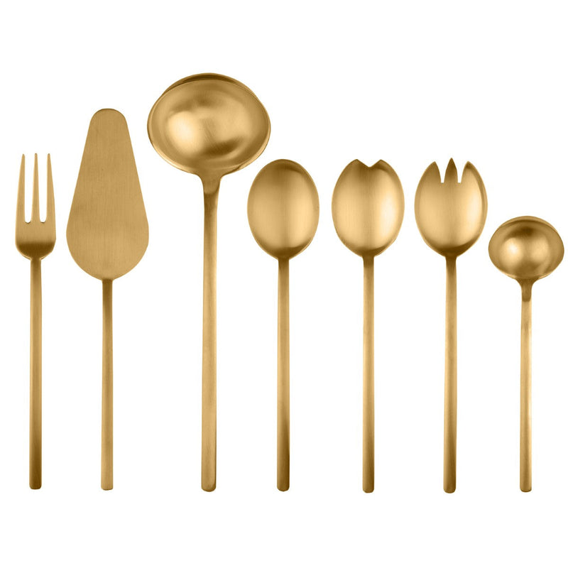 Set of gold flatware including a fork, knife, and various spoons on a white background