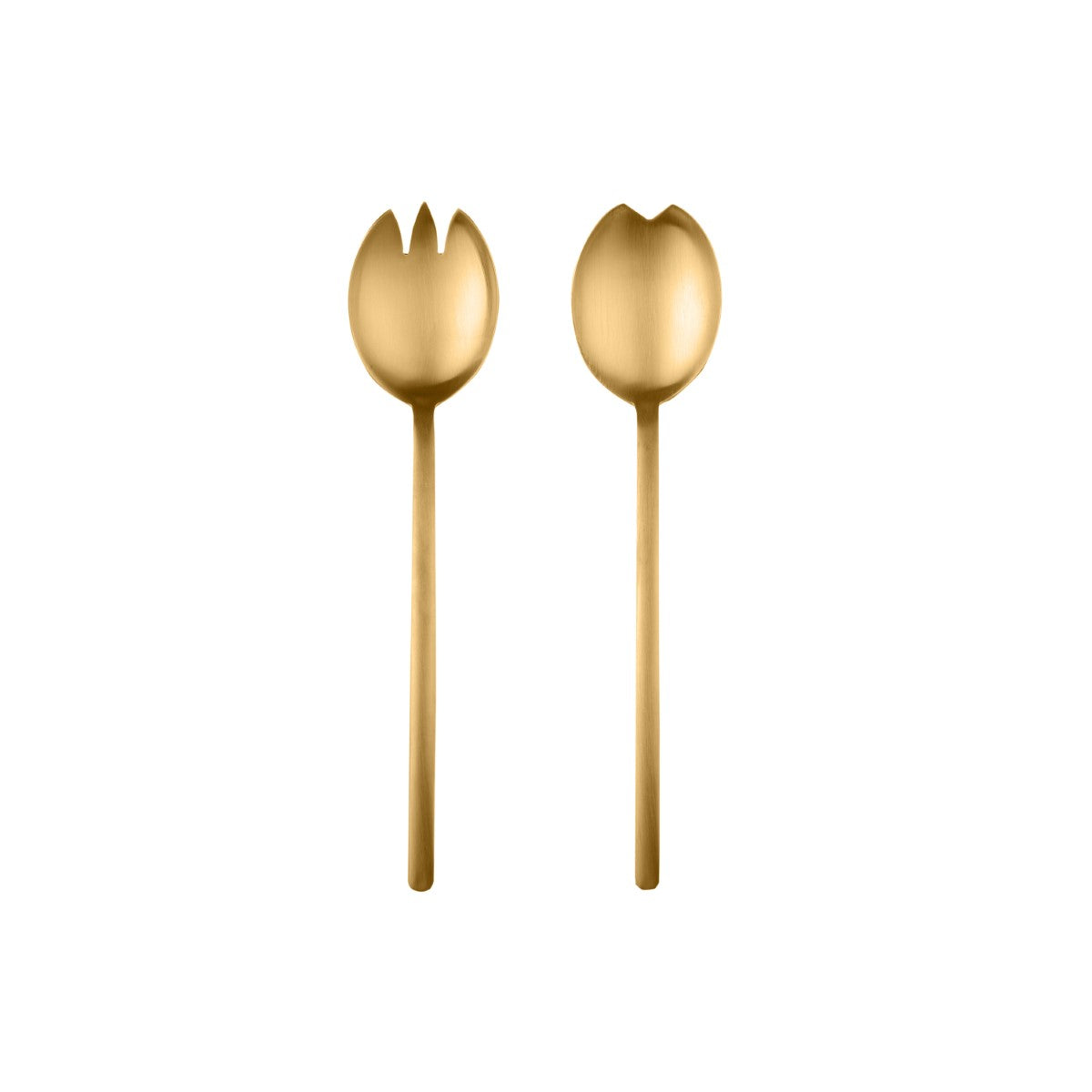 Two gold-colored salad servers on a white background