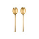 Two gold-colored salad servers on a white background