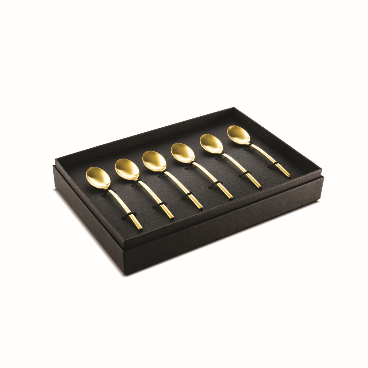 Set of gold spoons in a black box on a white background
