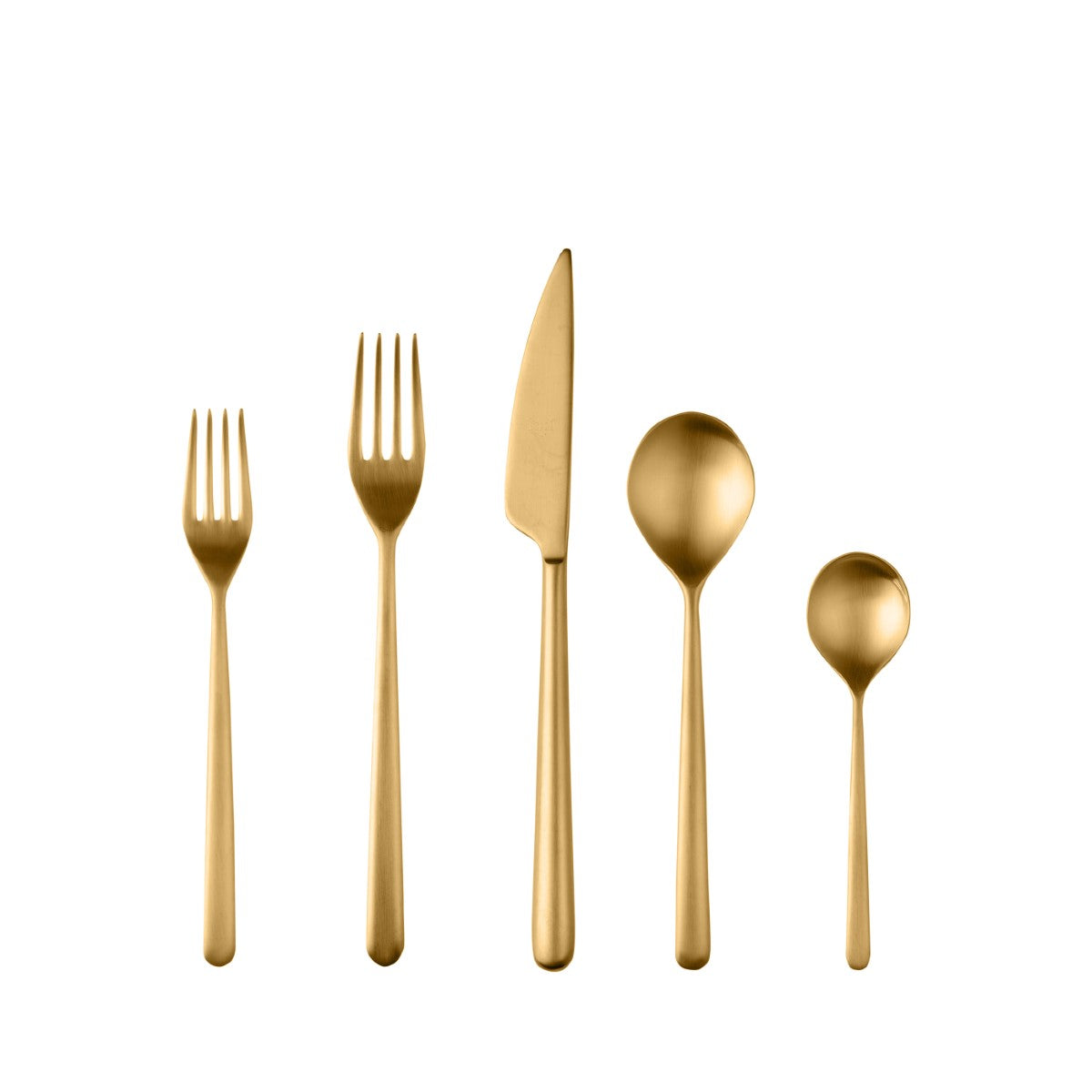 Set of gold cutlery including a knife, fork, and two spoons on a white background