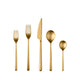 Set of gold cutlery including a knife, fork, and two spoons on a white background