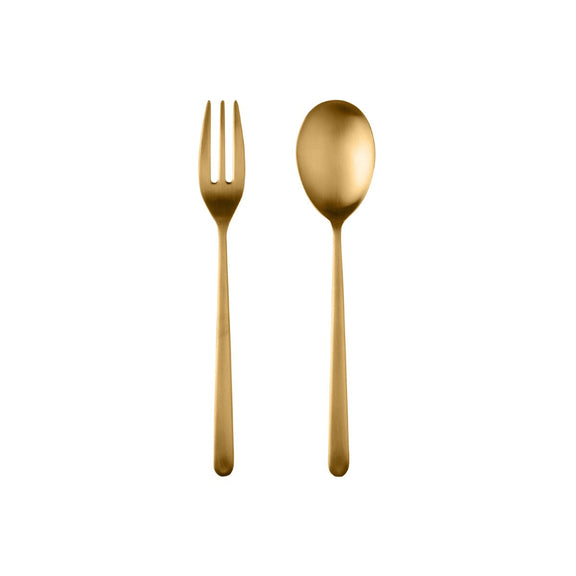 Gold fork and spoon on a white background