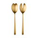 Two gold-colored salad servers on a white background