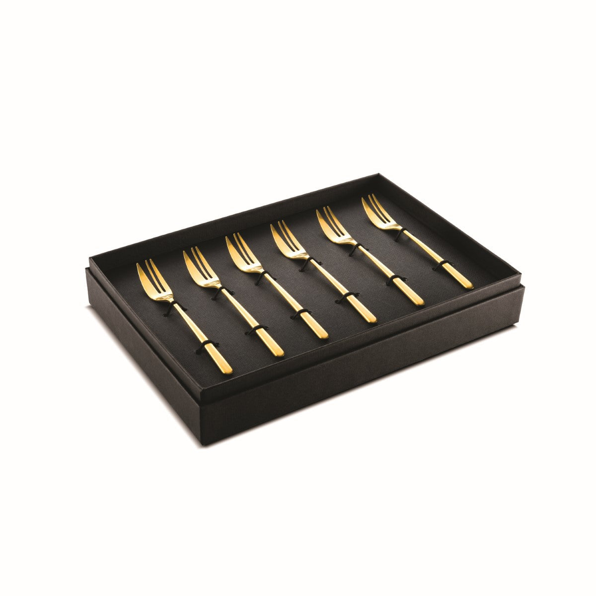 Set of gold forks in a black box on a white background