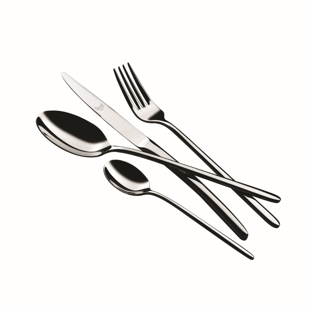 Set of silver cutlery including a spoon, knife, and fork on a white background