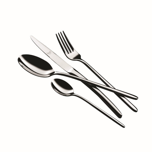 Set of silver cutlery including a spoon, knife, and fork on a white background