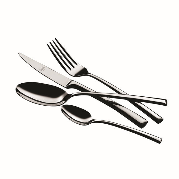 Set of silver cutlery including a knife, fork, and two spoons on a white background.