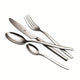 Set of silver cutlery including knife, fork, and two spoons on a white background