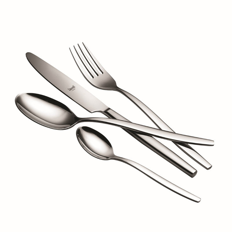 Set of silver cutlery including knife, fork, and two spoons on a white background