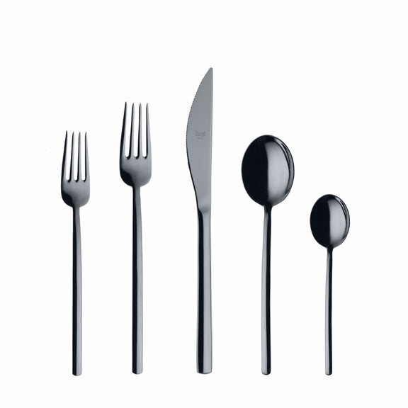 Set of silver cutlery including forks, knives, and spoons on a white background
