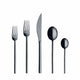 Set of silver cutlery including forks, knives, and spoons on a white background