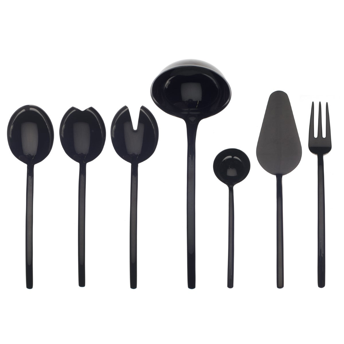 Set of black kitchen utensils including spoons, ladle, spatula, and fork on a white background