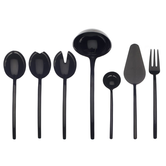 Set of black kitchen utensils including spoons, ladle, spatula, and fork on a white background