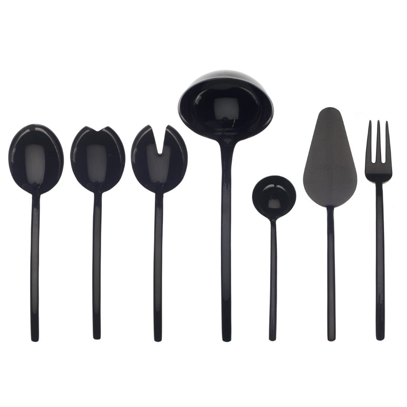 Set of black kitchen utensils including spoons, ladle, spatula, and fork on a white background