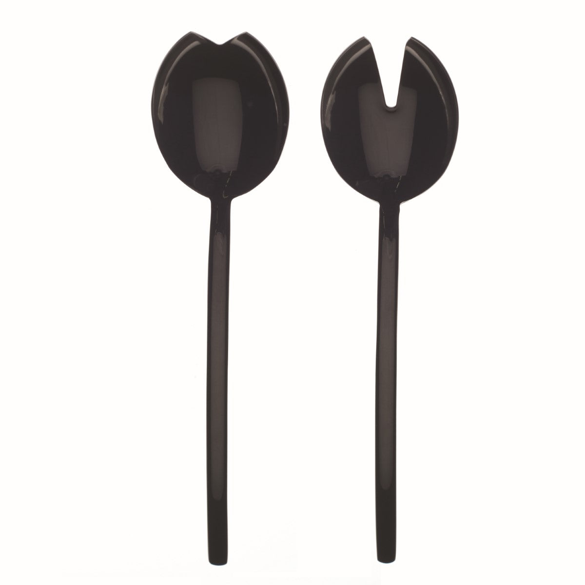 Two black salad servers on a white background