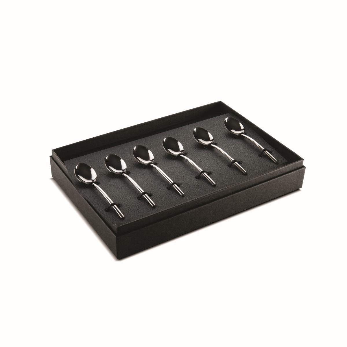 Set of six silver spoons in a black box on a white background