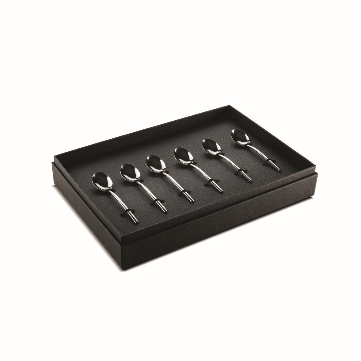 Set of six silver spoons in a black box on a white background