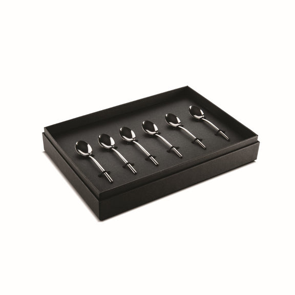 Set of six silver spoons in a black box on a white background