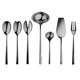 Set of silver cutlery including spoons, a ladle, and a fork on a white background