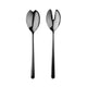 Two black serving spoons with unique designs on a white background