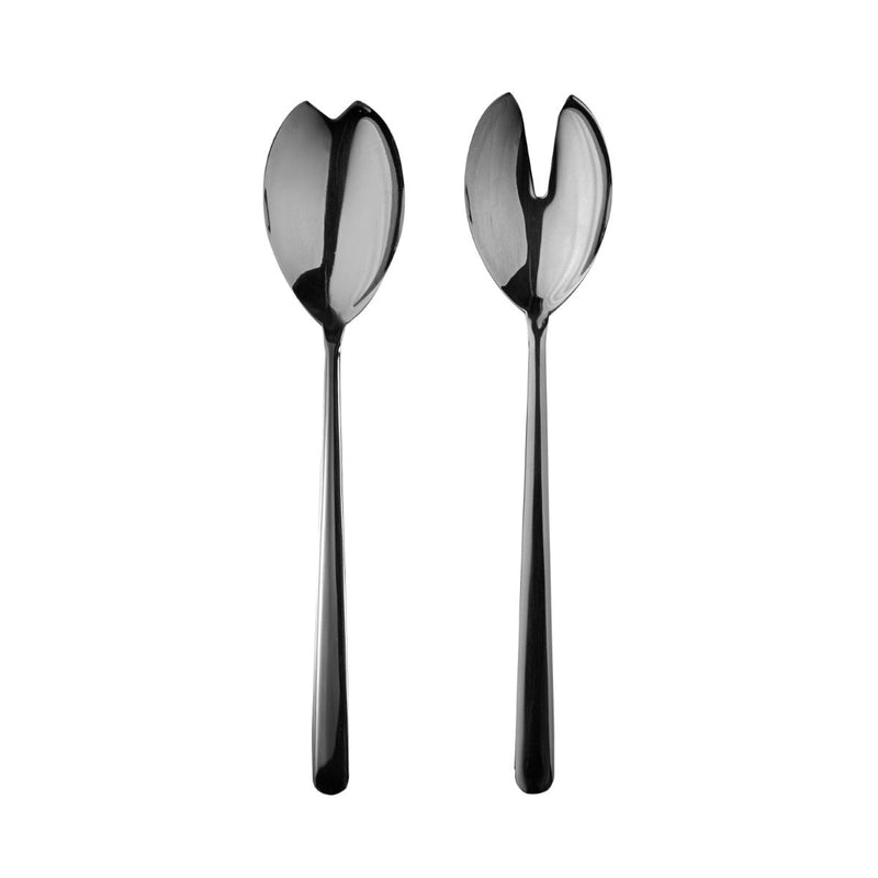 Two black serving spoons with unique designs on a white background
