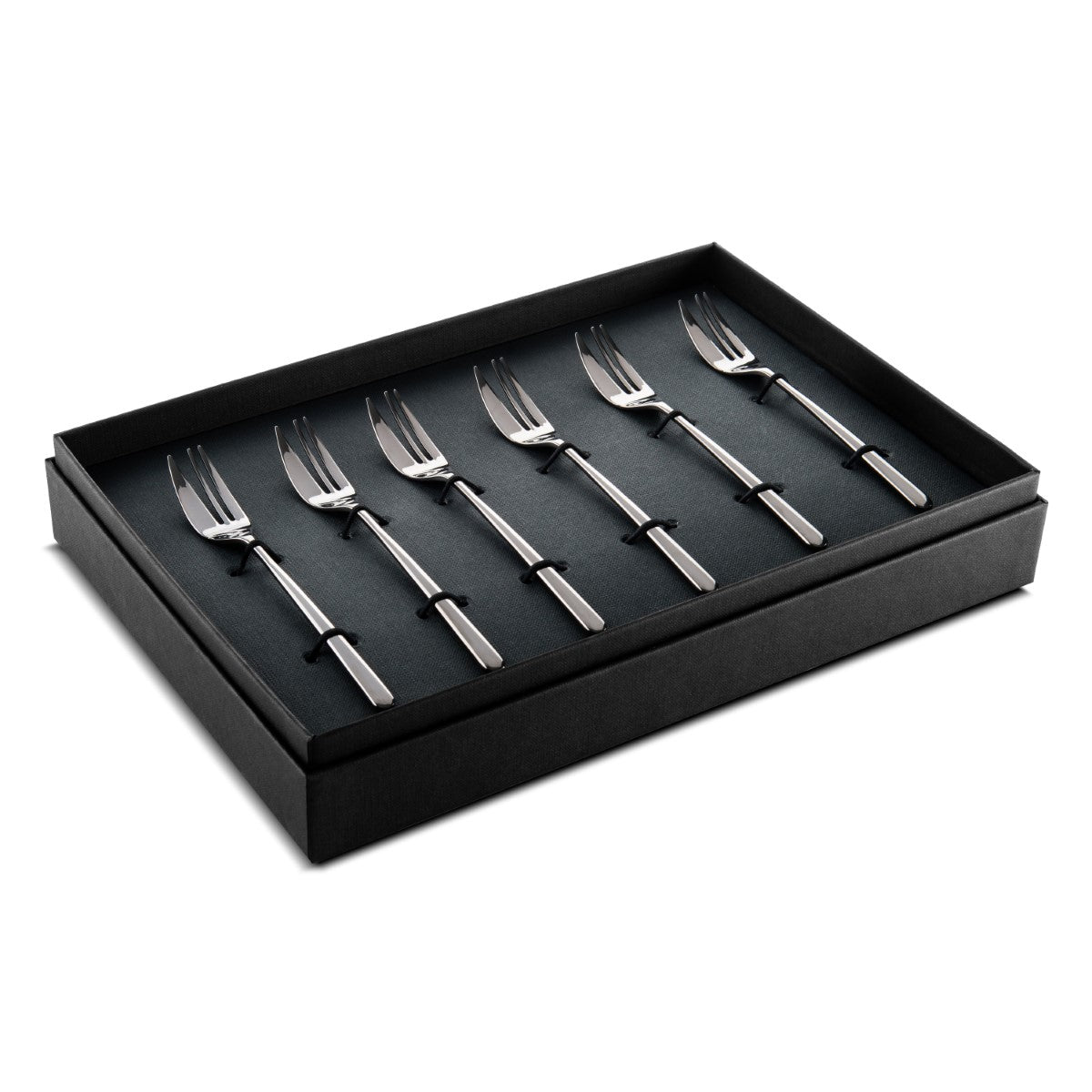 Set of six silver forks in a black box on a white background