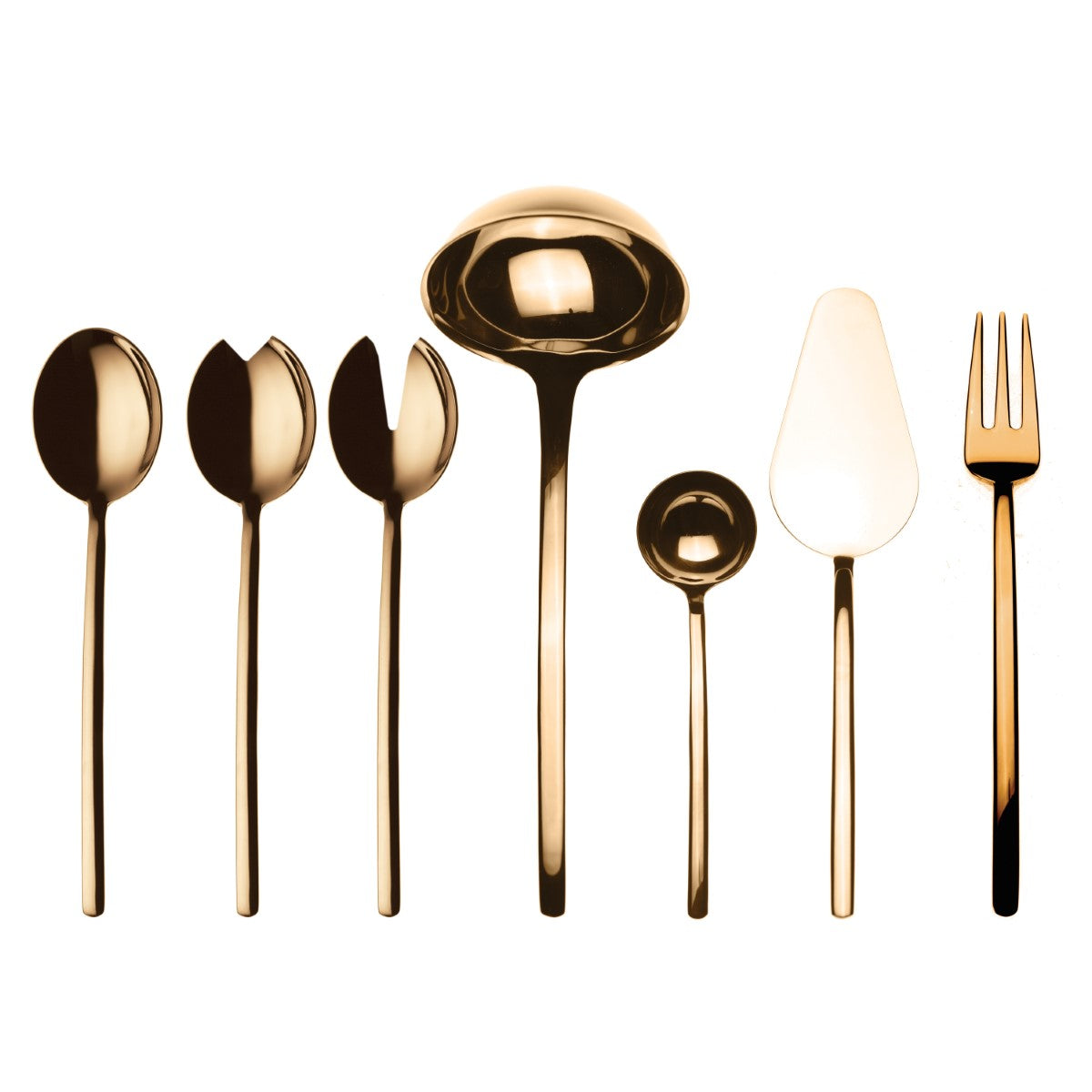 Set of gold-colored cutlery including spoons and a fork on a white background