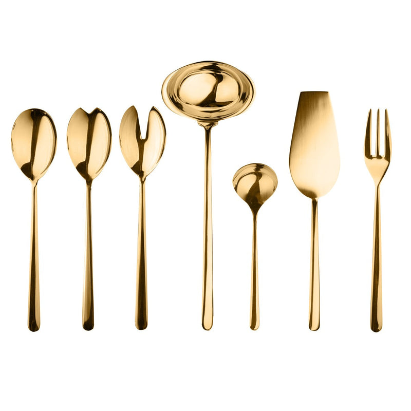 Set of gold-colored cutlery including spoons, a ladle, and a fork on a white background.