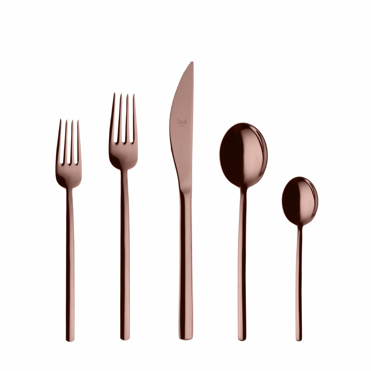 Set of rose gold cutlery including knife, fork, and spoons on a white background