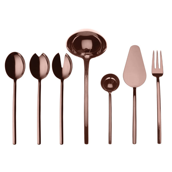 Set of rose gold flatware including spoons, a ladle, and a fork on a white background