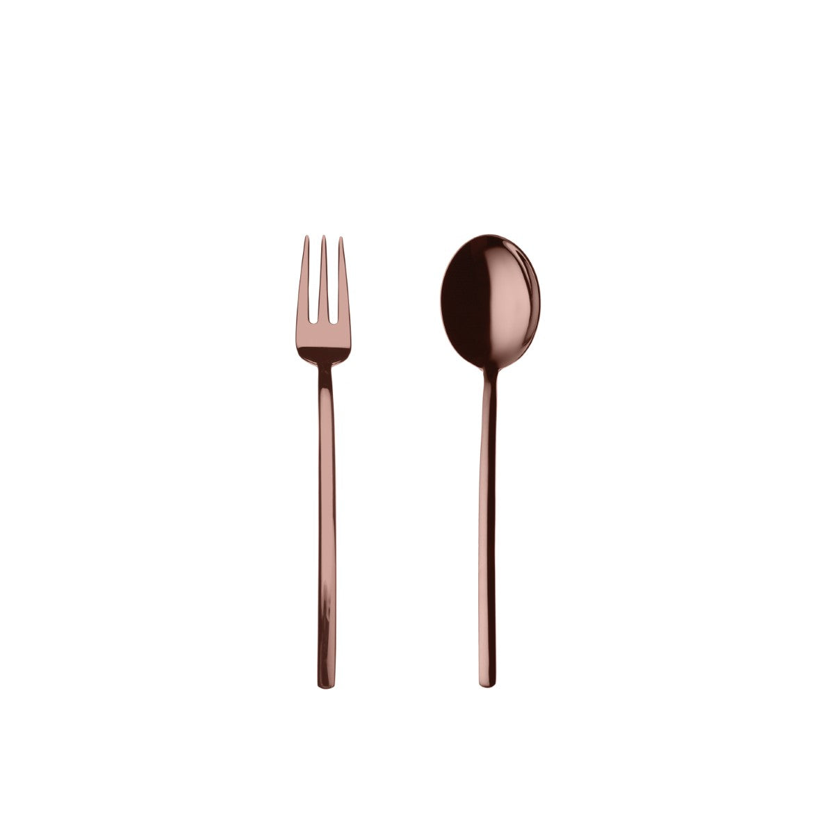 Rose gold fork and spoon on a white background