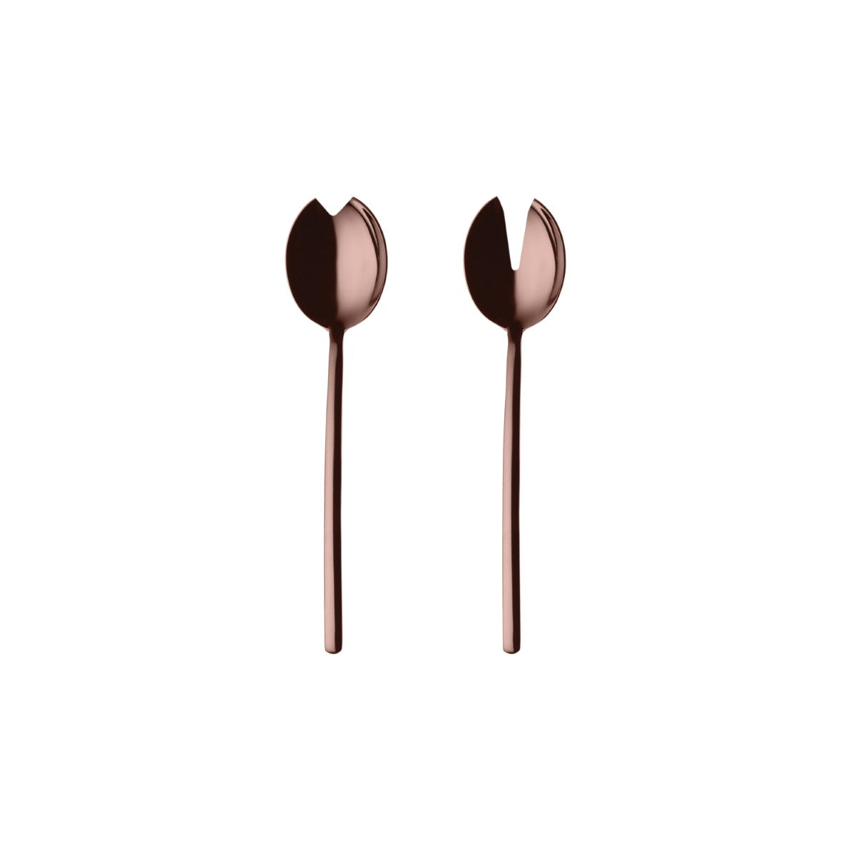 Pair of rose gold spoons on a white background