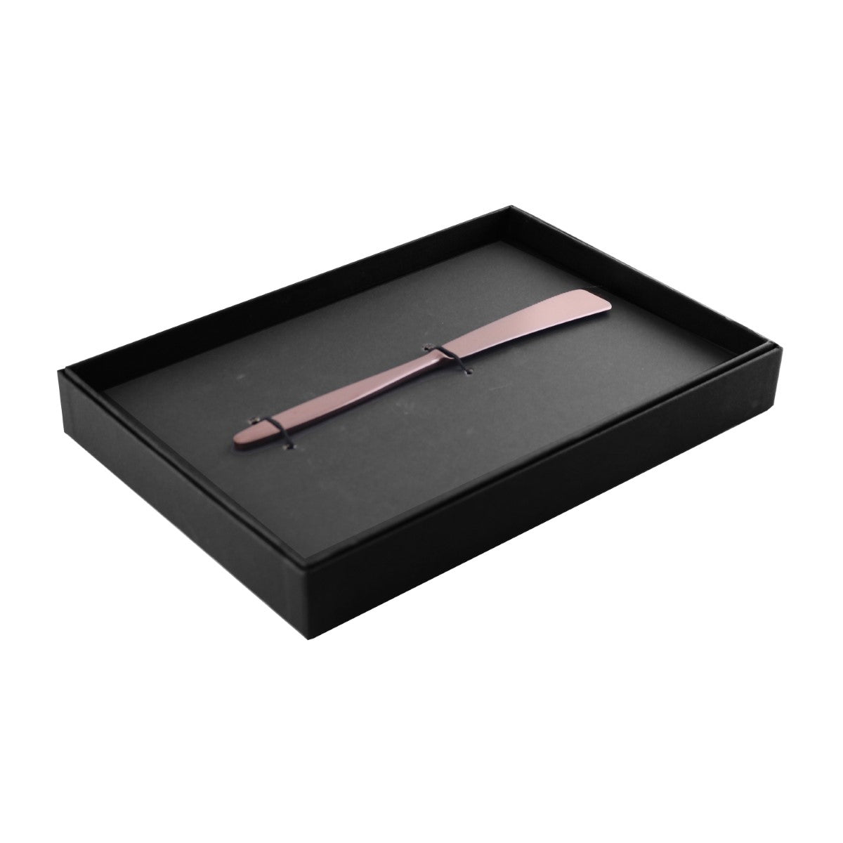 Black tray with a pink belt on a white background