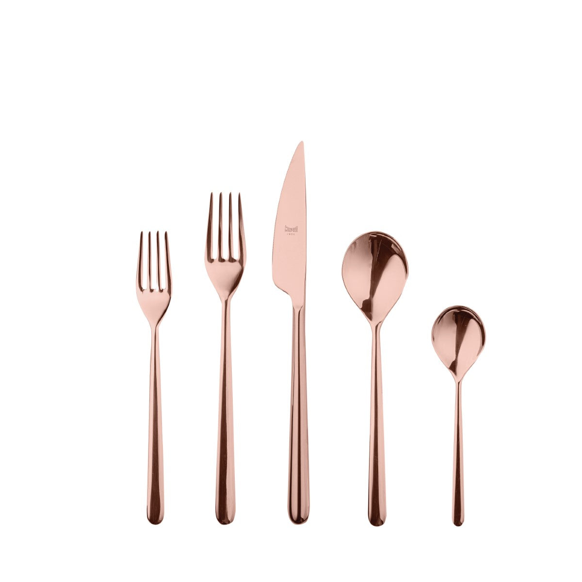 Rose gold cutlery set on a white background