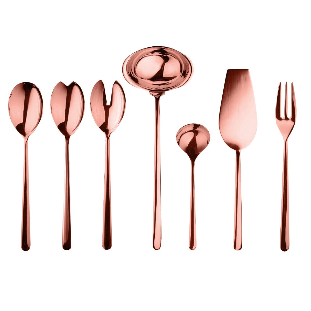 Set of rose gold flatware including spoons, a ladle, and a fork on a white background.