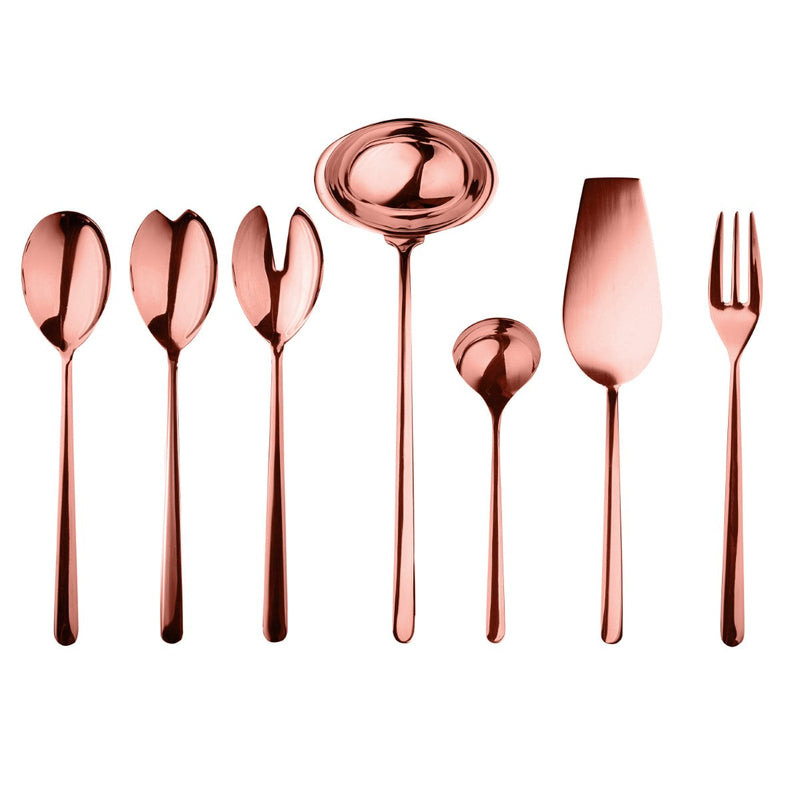 Set of rose gold flatware including spoons, a ladle, and a fork on a white background.