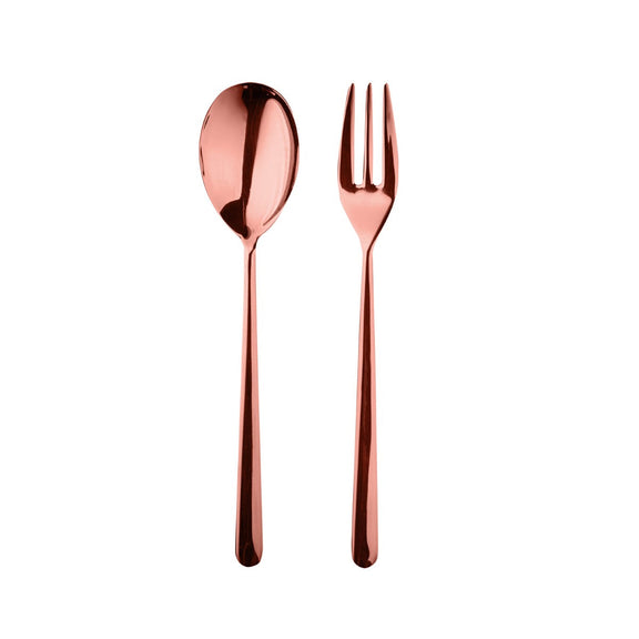 Rose gold spoon and fork set on a white background