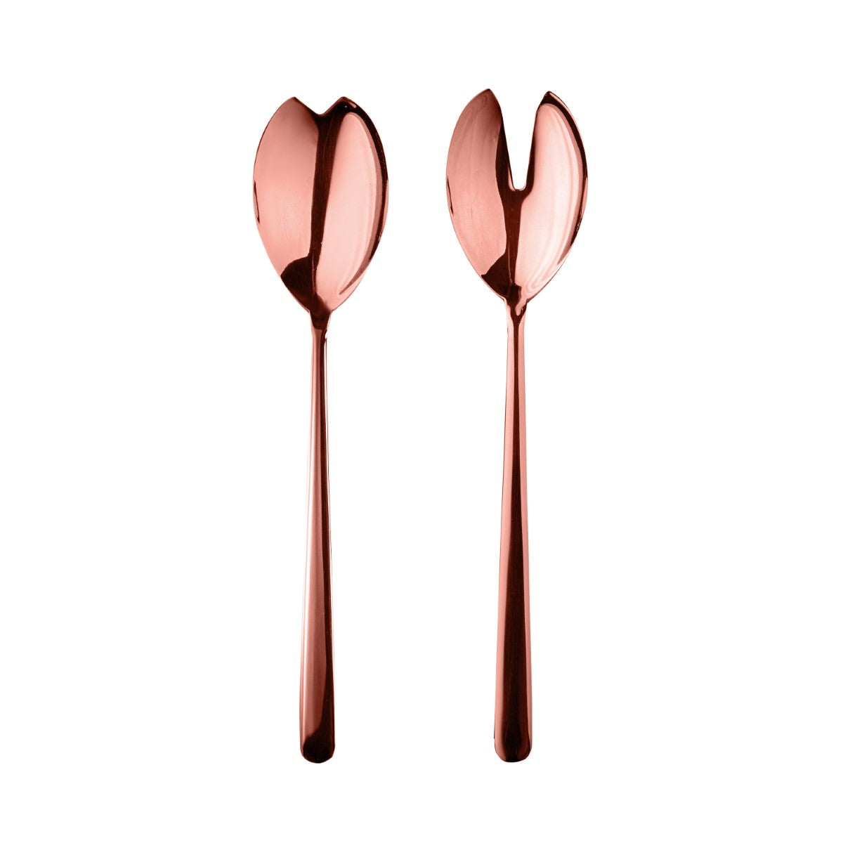 Two rose gold salad servers on a white background