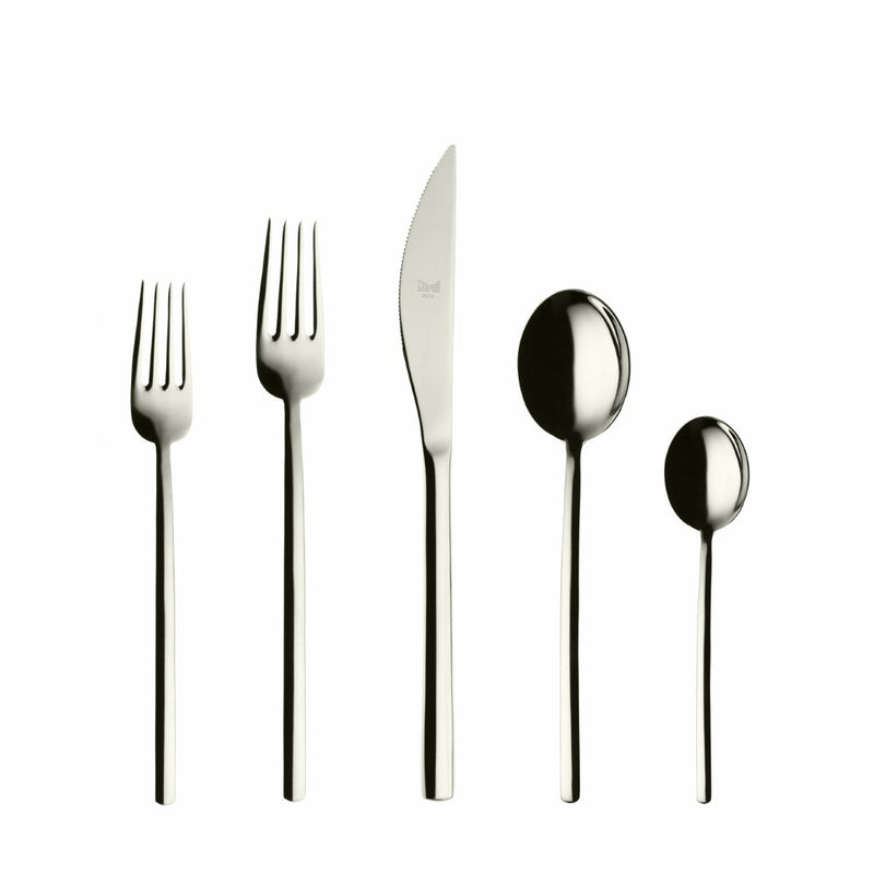 Set of silver cutlery including forks, knives, and spoons on a white background