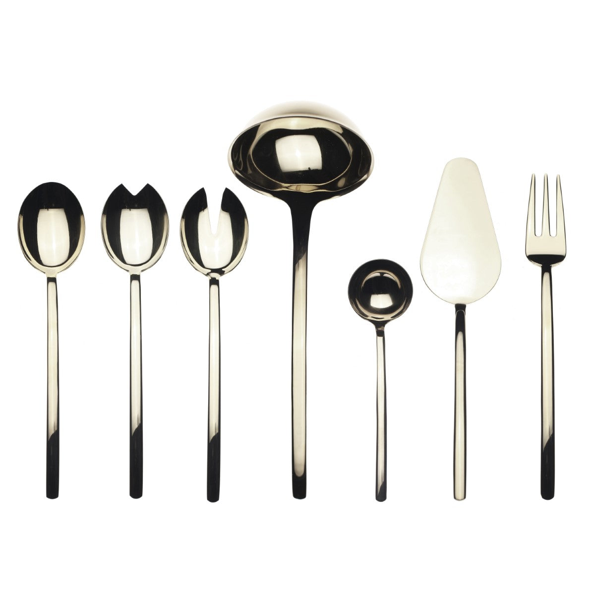 Set of black and gold cutlery on a white background
